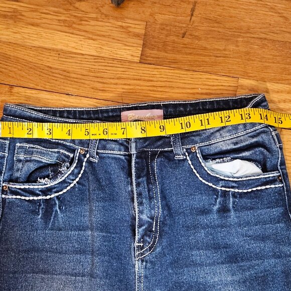 Woman's Bamboo dark wash white stitch embroidered distressed flared mid rise jea - Picture 9 of 11